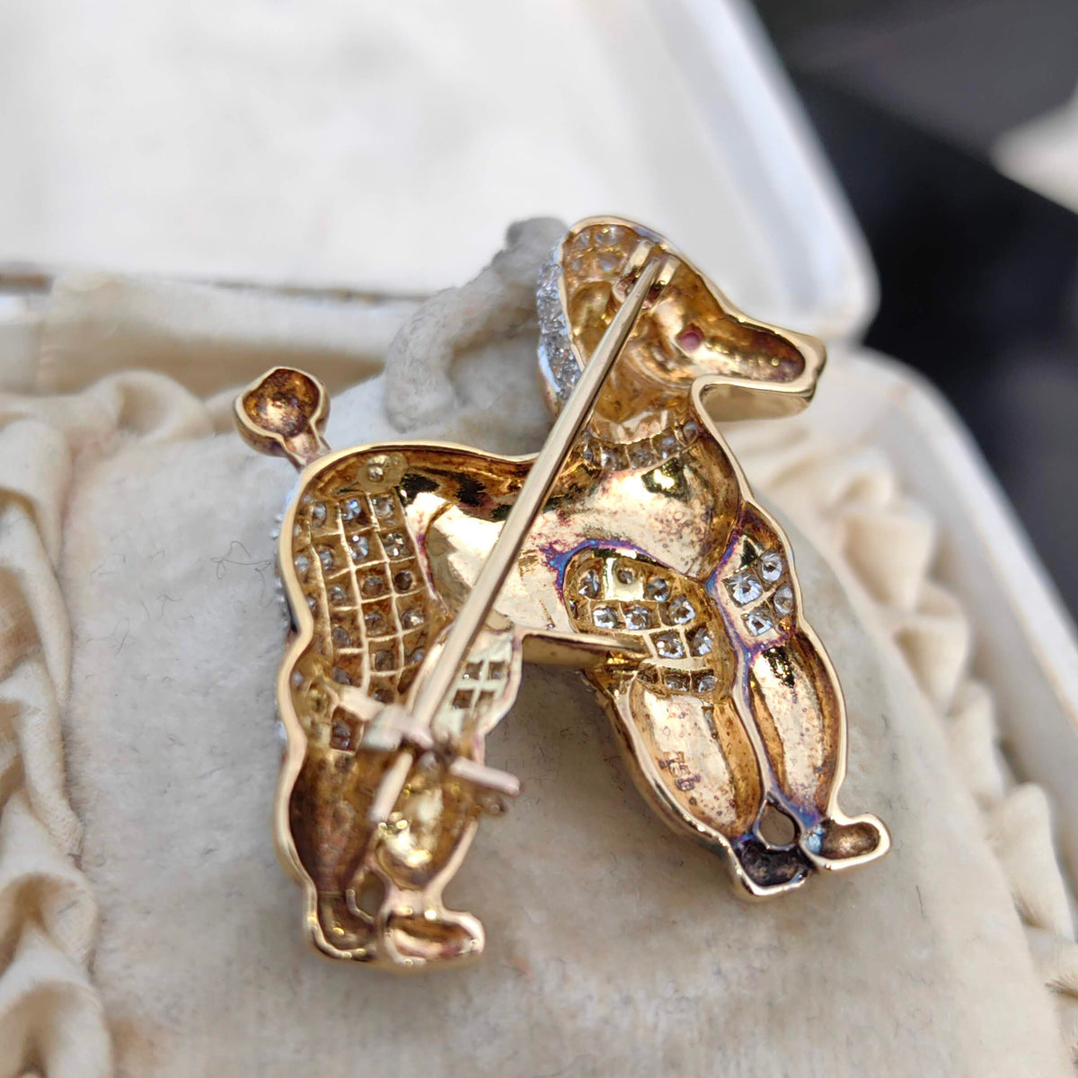 Vintage Antique 1960s Diamond & Ruby 18k Solid Hallmarked Yellow Gold Poodle Dog Cute Pet Elegant Retro Brooch Gift for her Present