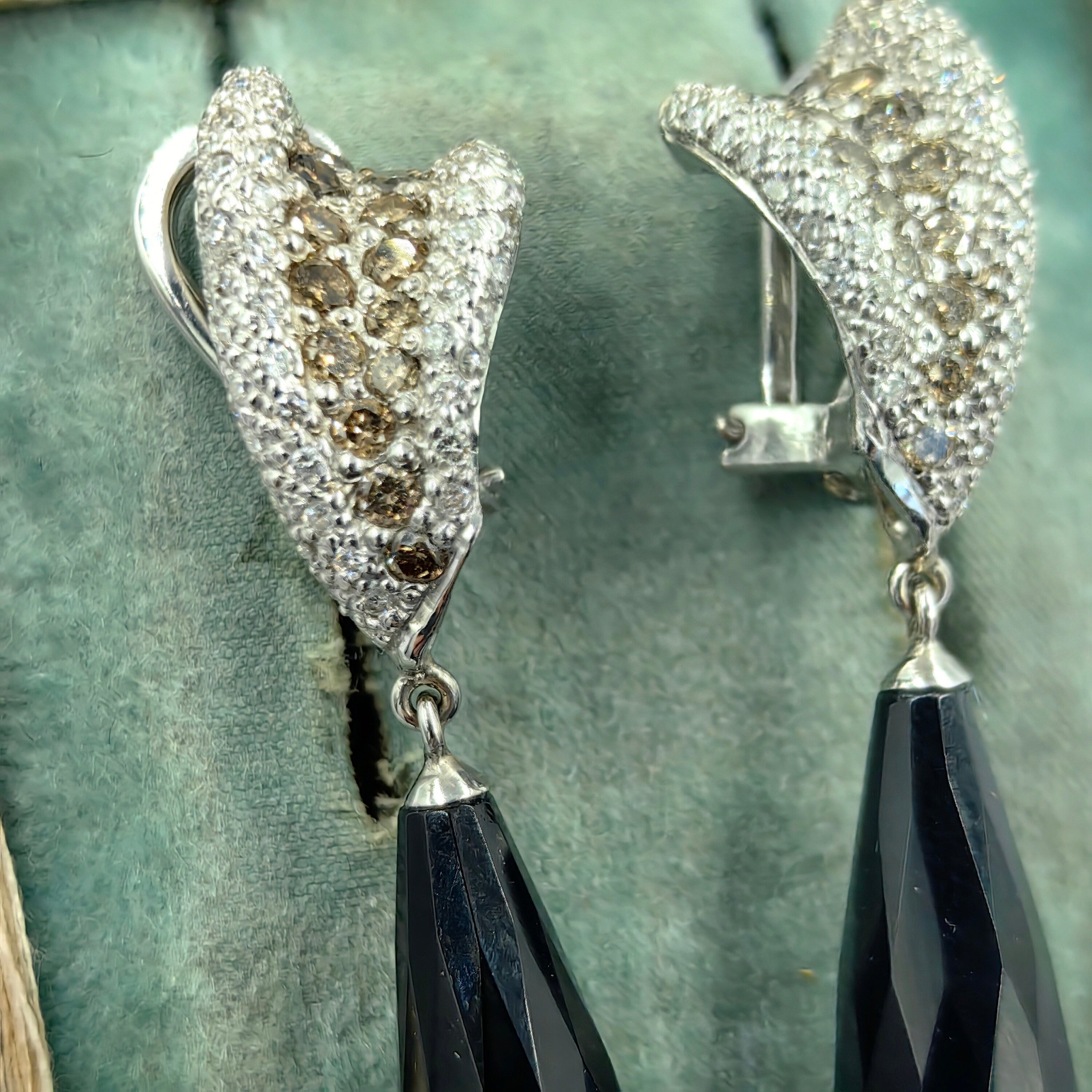 Vintage White and Champagne Diamond Onyx 18k Solid White Gold Statement Dangle Earrings