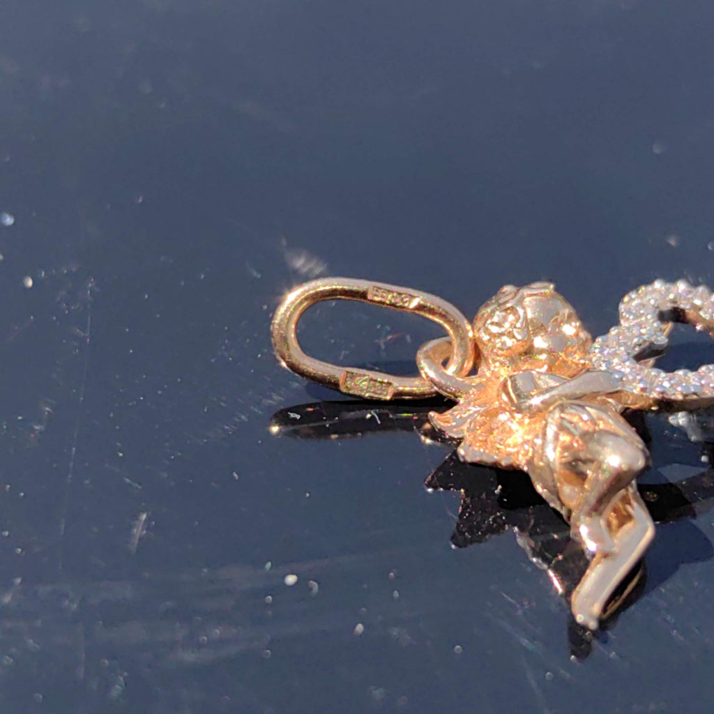 14k Yellow Gold Angel Pendant: Cubic Zirconia Heart Charm