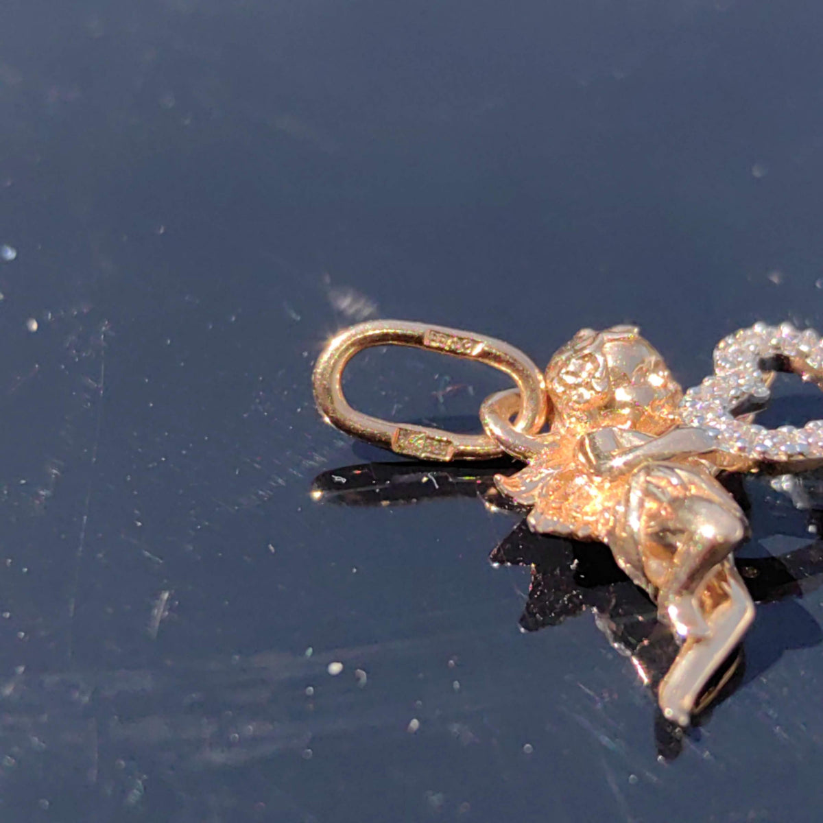14k Yellow Gold Angel Pendant: Cubic Zirconia Heart Charm