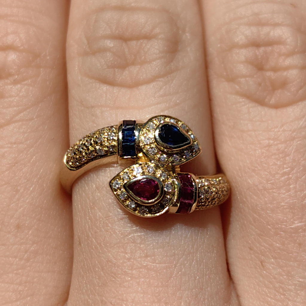 Vintage 18k Gold Snake Ring: Ruby, Sapphire & Diamond Accent