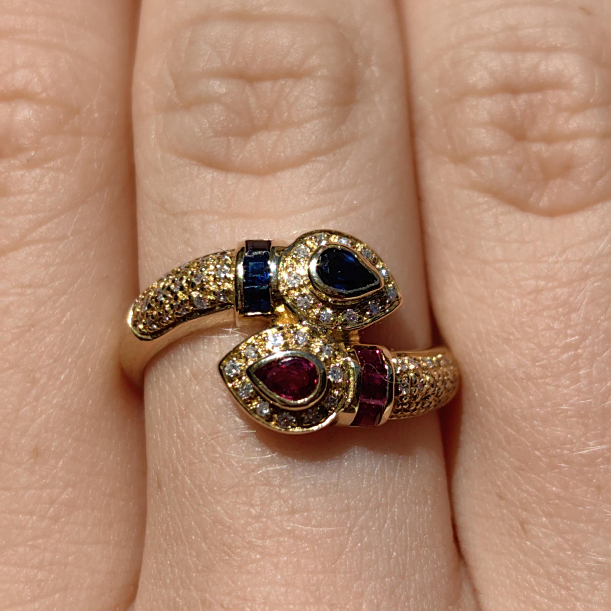 Vintage 18k Gold Snake Ring: Ruby, Sapphire & Diamond Accent