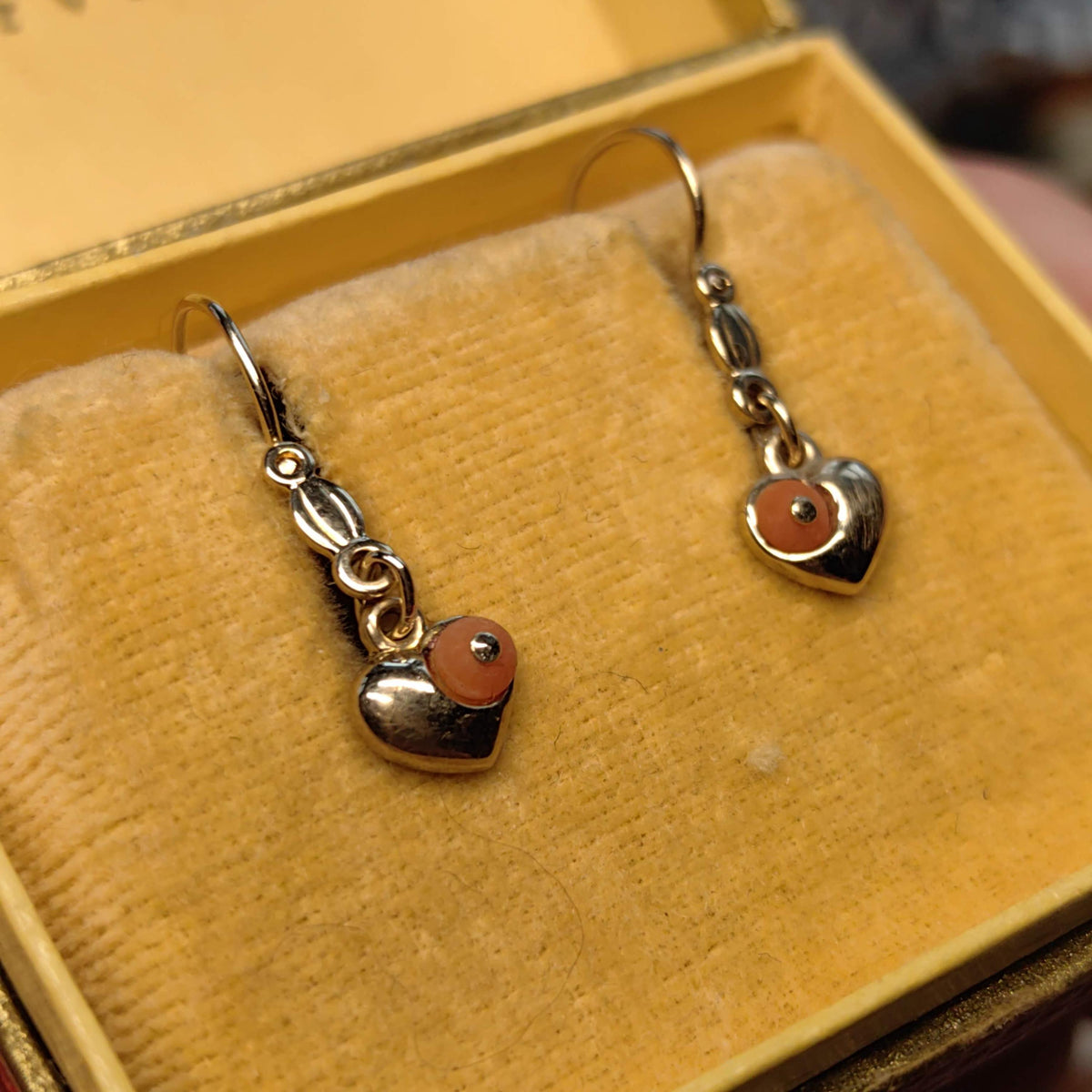 Antique Vintage Mediterranean Red Coral Heart Shaped Love Dangle Solid 8k Gold Drop Mid Century Charm Earrings Gift for Her Present