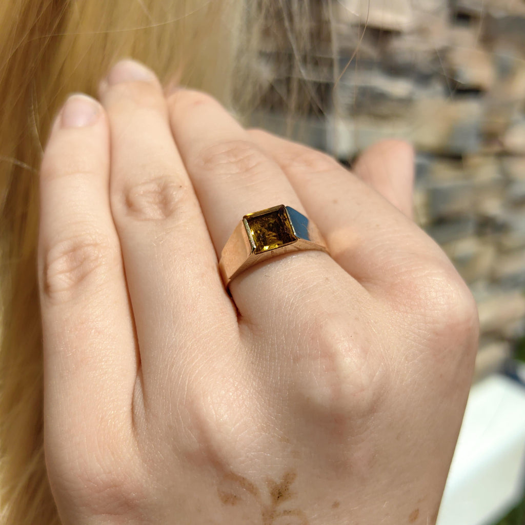 Art Deco Citrine Statement Ring: 14k Yellow & Rose Gold, 1940s Vintage