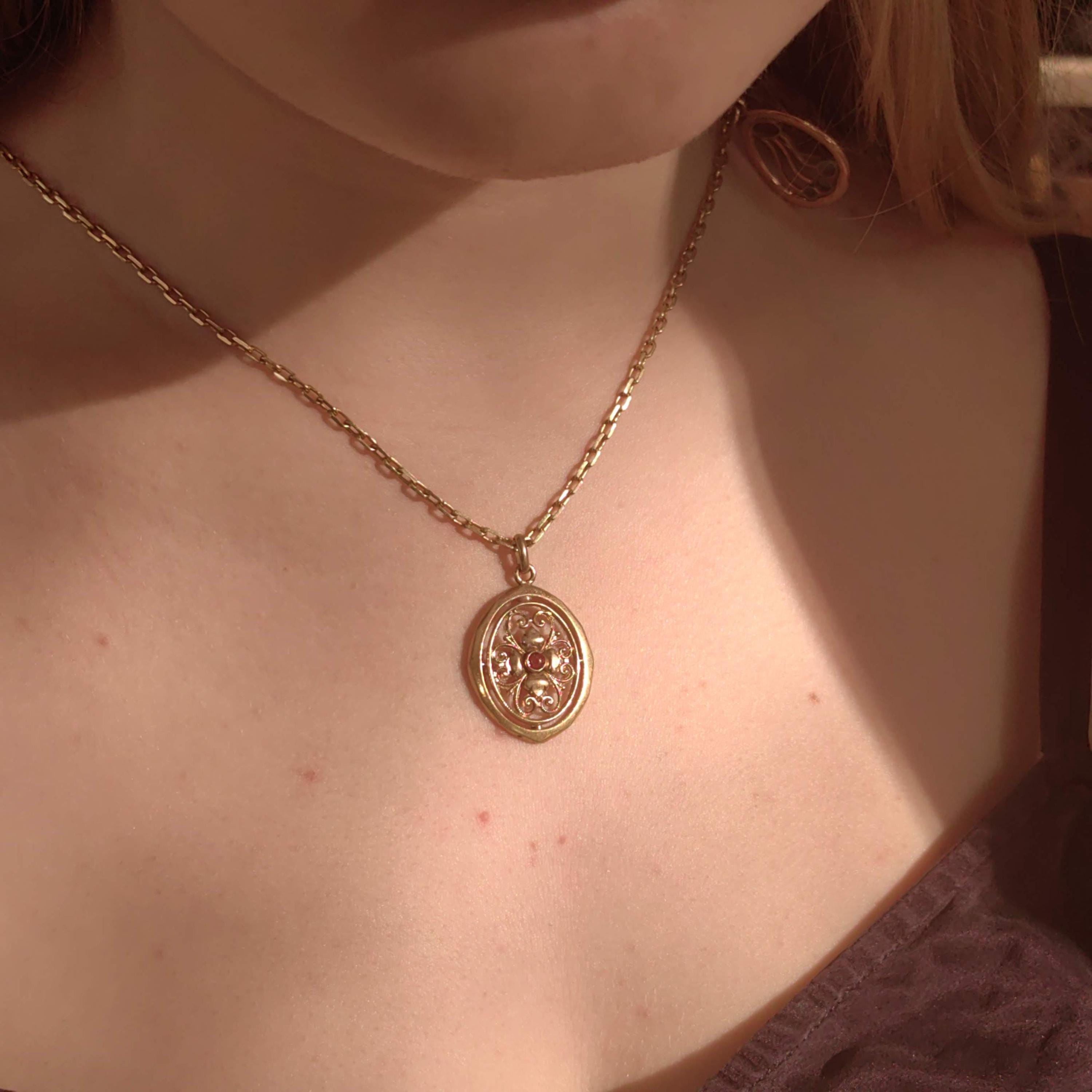 Vintage Gold-Filled Pendant: Art Nouveau Floral Charm with Artificial Ruby