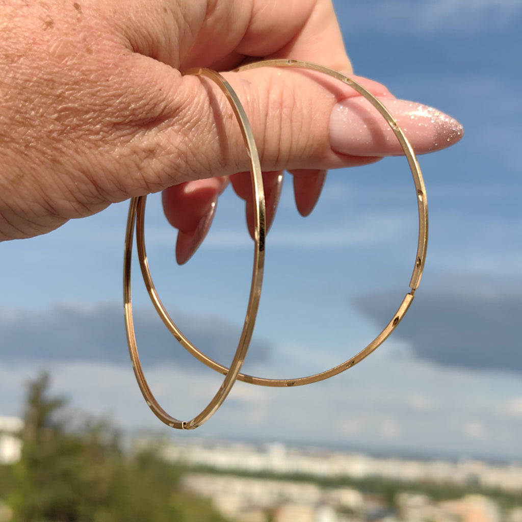 14k Solid Yellow Gold  63mm Diameter Large Hoop Statement Earrings Elegant Bracelet Bangle, Gypsy Earrings Vintage 1980s  Gift for Her
