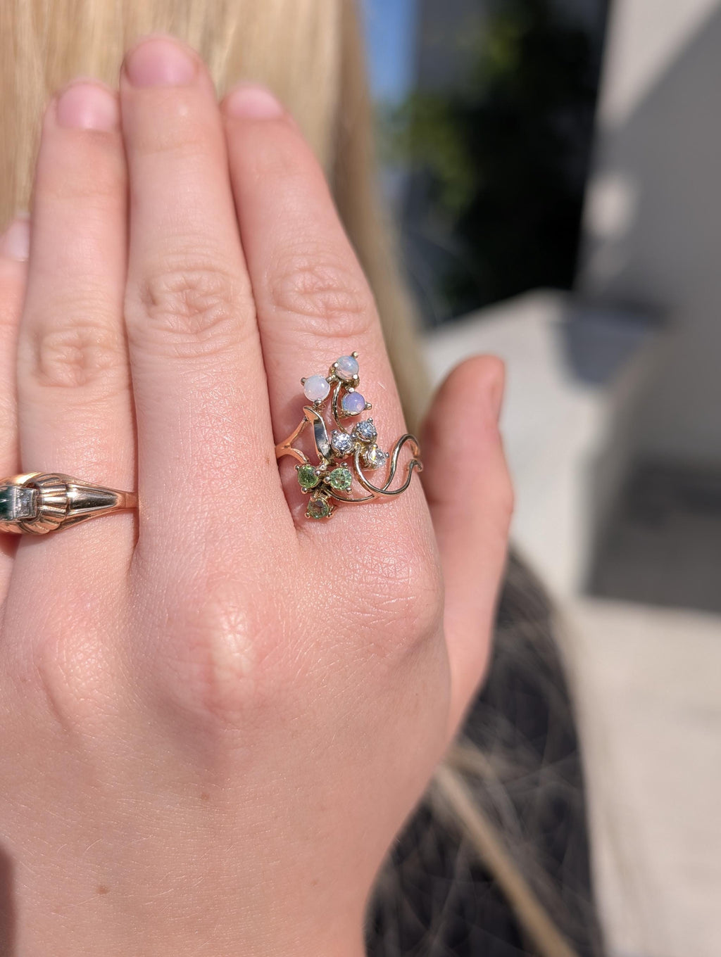 Art Nouveau 1900s Diamond Demantoid Opal Ring, 18k Yellow Gold Floral Vintage Engagement Ring, 1950s Heirloom Fine Jewelry Gift US 8.5