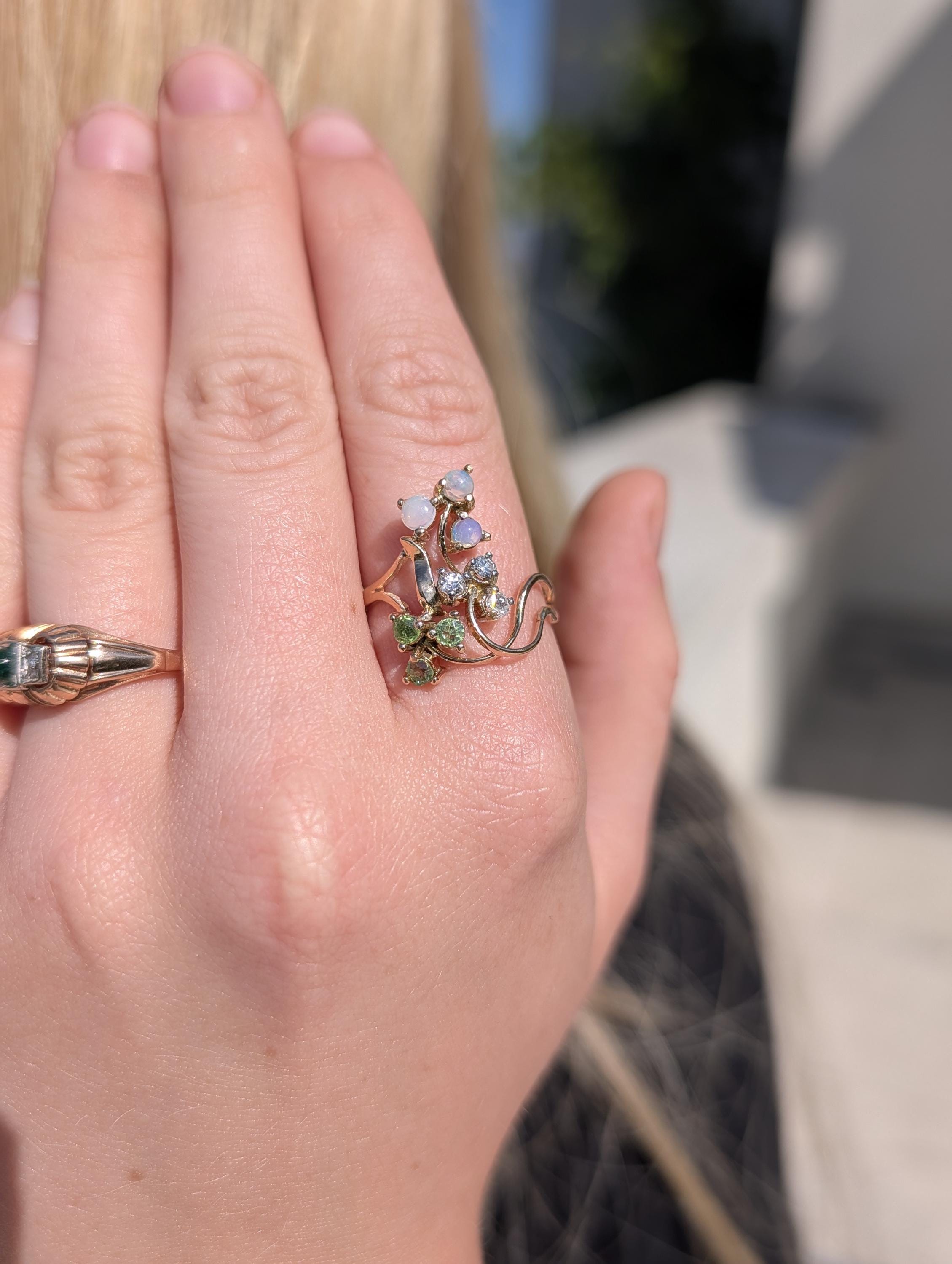 Art Nouveau 1900s Diamond Demantoid Opal Ring, 18k Yellow Gold Floral Vintage Engagement Ring, 1950s Heirloom Fine Jewelry Gift US 8.5