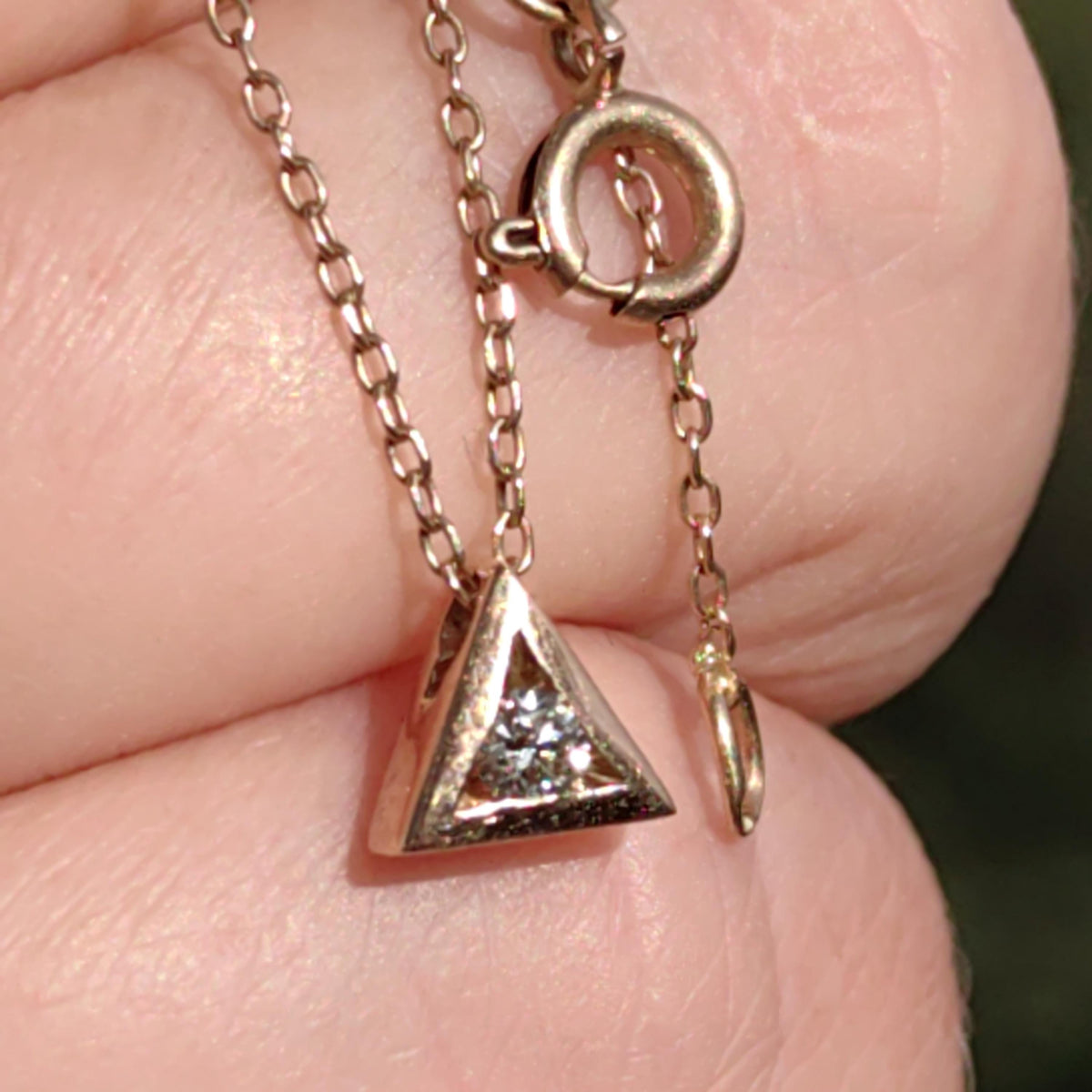 Solitaire Diamond Solid 14k Yellow Gold Vintage Geometric Triangle Pyramid Elegant Necklace Gift for Her