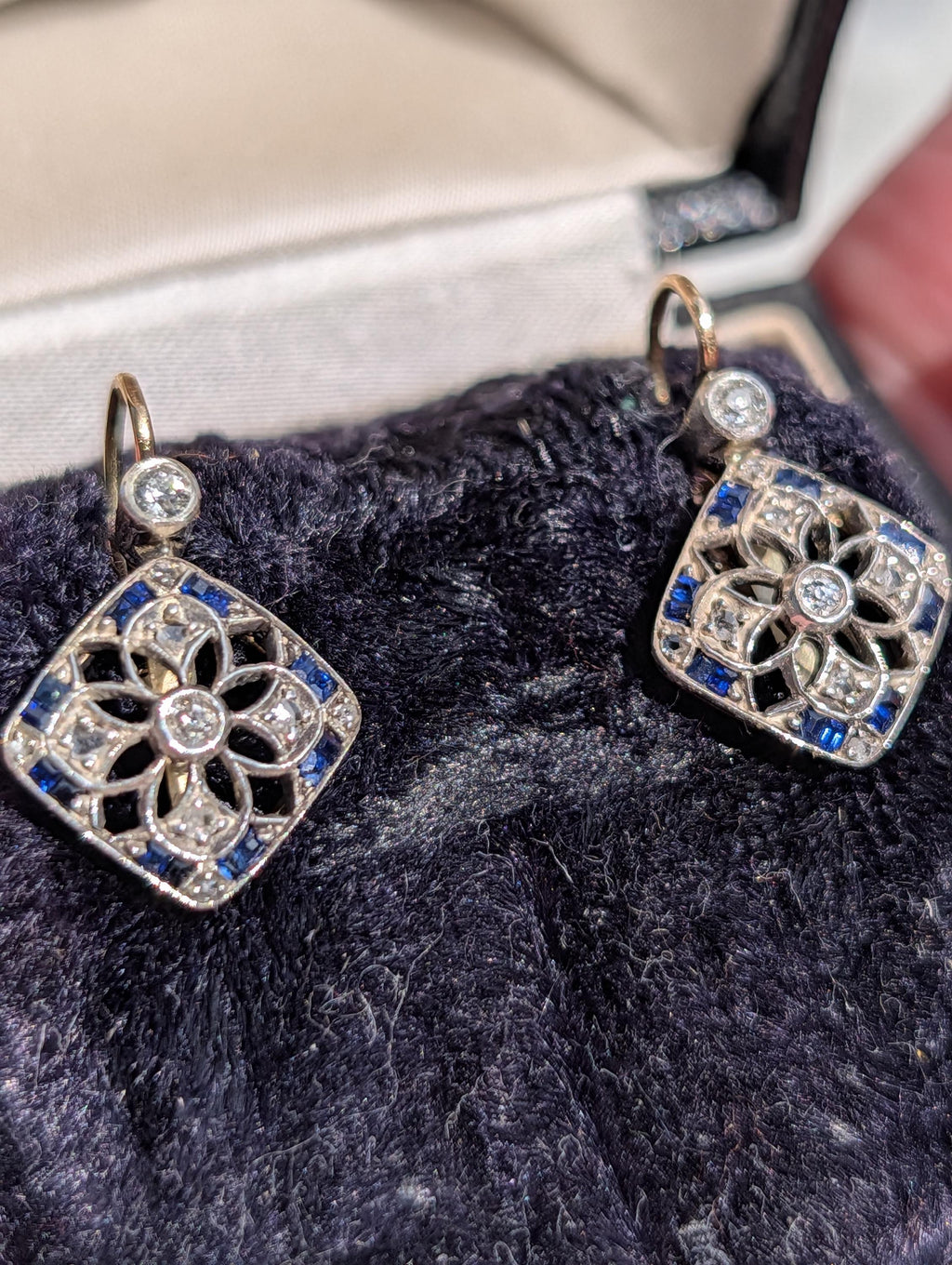 Art Deco Sapphire Diamond Earrings 1920s Antique Gold Leverback Earrings Old Cut Diamond Statement Earrings Gift for Her