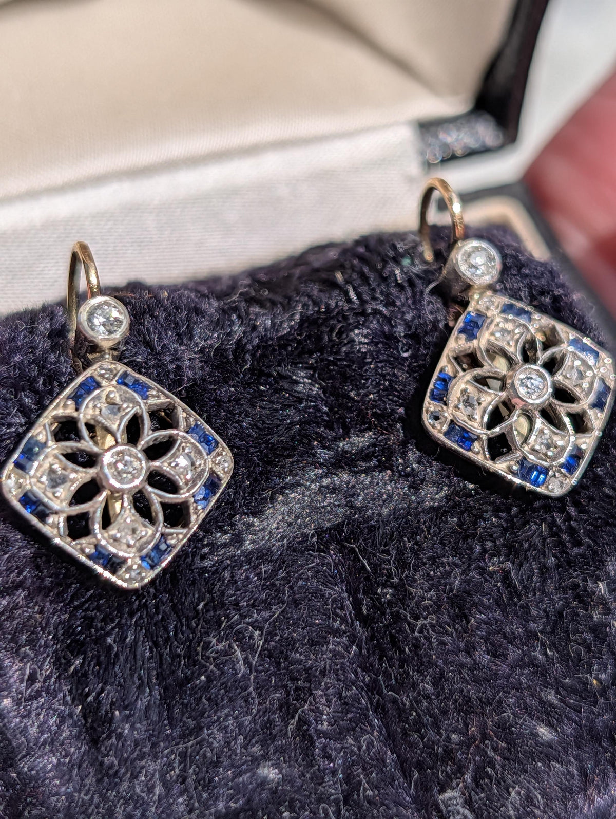 Art Deco Sapphire Diamond Earrings 1920s Antique Gold Leverback Earrings Old Cut Diamond Statement Earrings Gift for Her