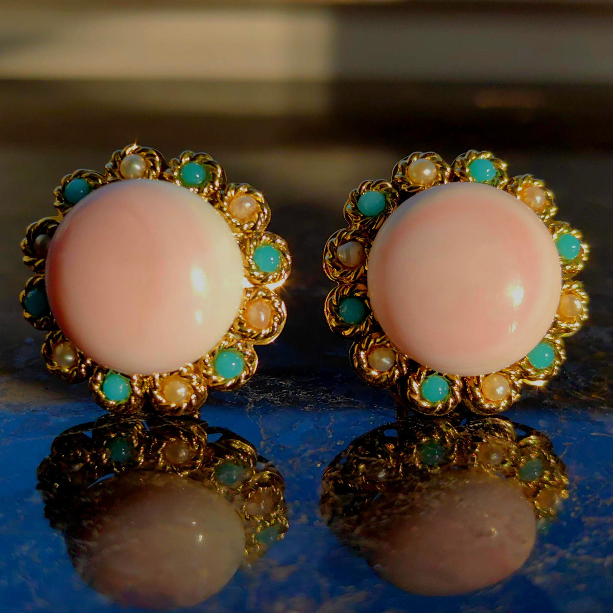 Vintage 1960s Angel Skin Coral 18k Gold Earrings: Turquoise & Pearl Halo