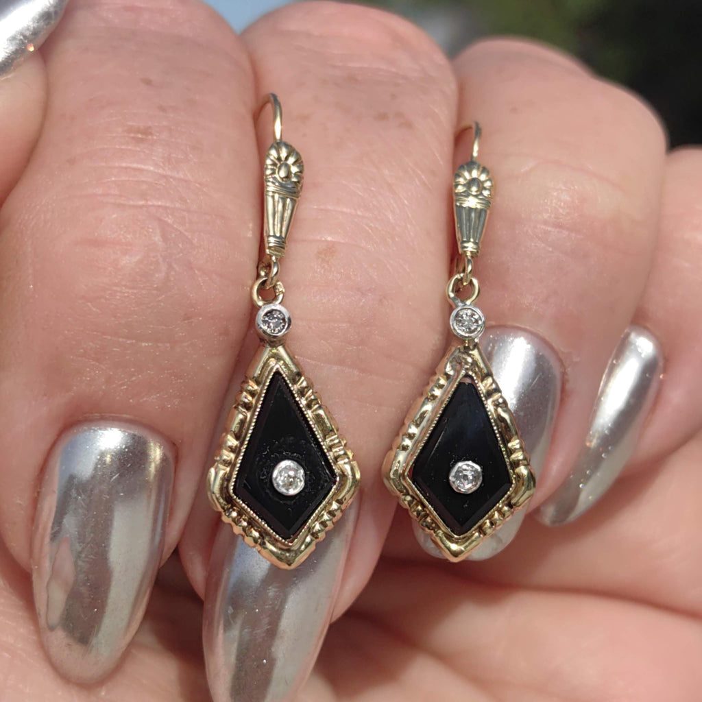 1920s Art Deco Onyx Diamond Dangle Earrings, 14k Gold Old European Cut Hallmarked Antique