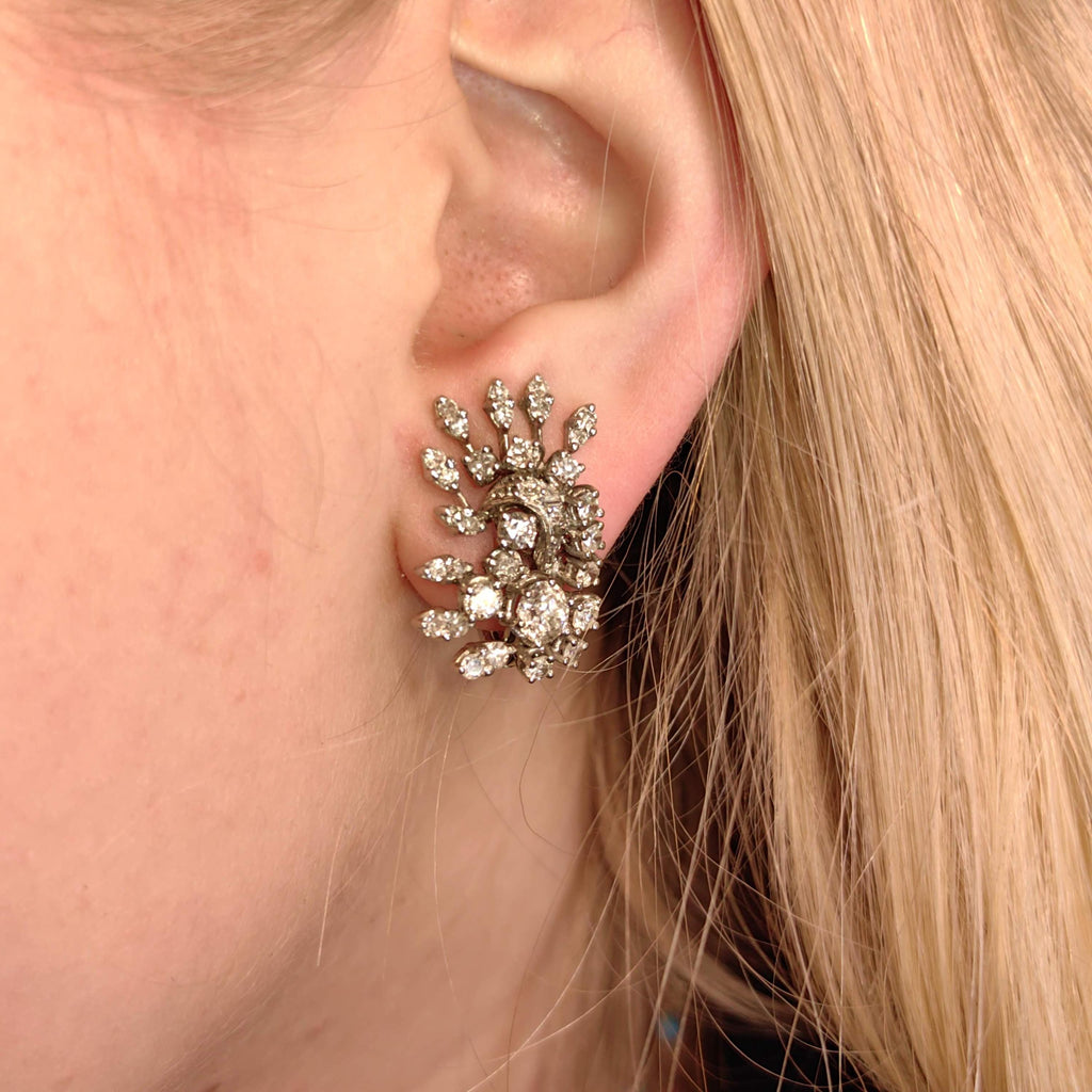 Late Art Deco 1940s Diamond Hallmarked 18k Solid White Gold Antique Wedding Elegant Drop Dangle statement Earrings Gift for Her Present
