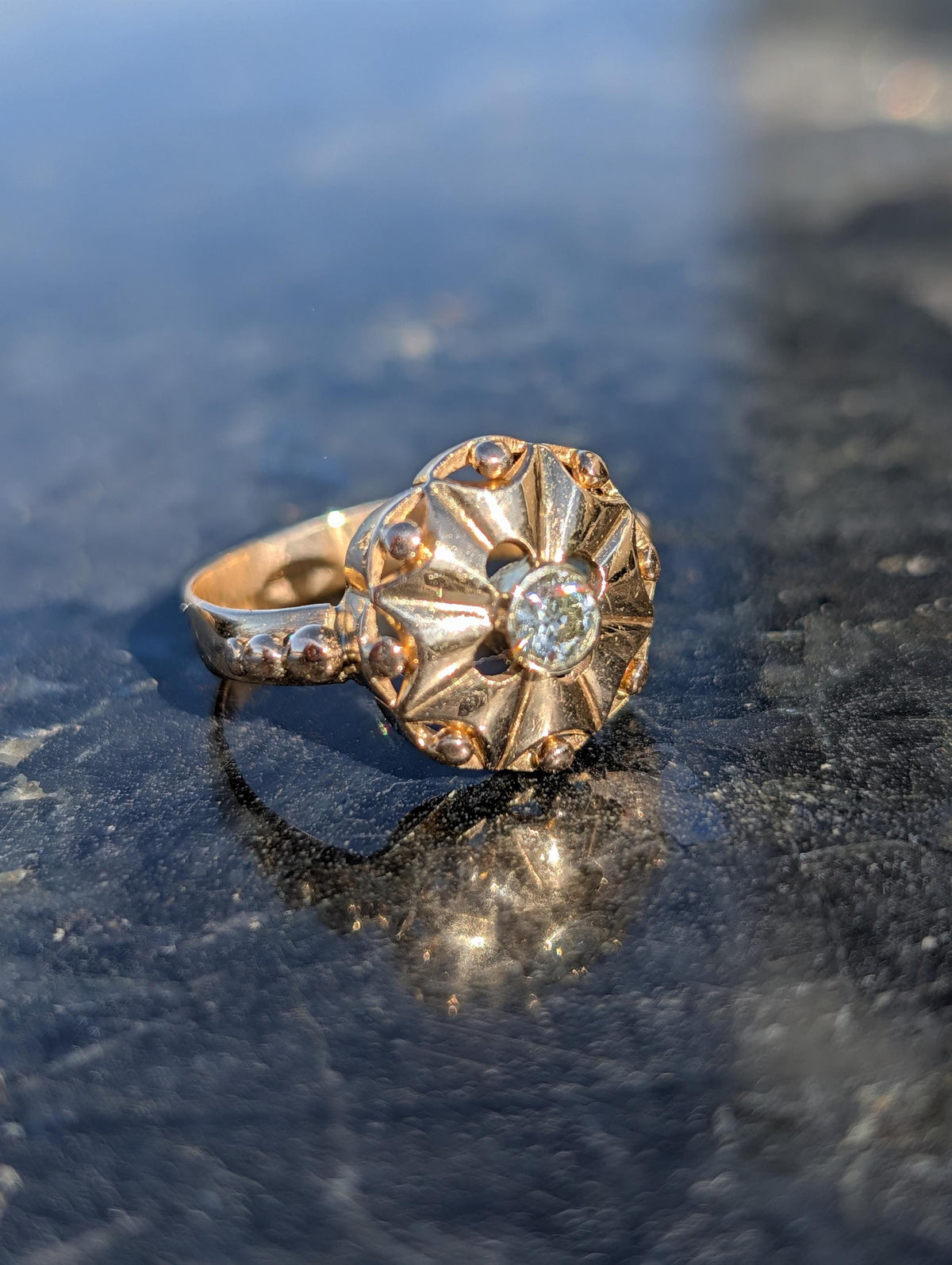 1920s Art Deco Diamond Ring 14k Yellow Gold, Old European Cut Diamond Statement Ring, Antique Floral Ring US 8.75