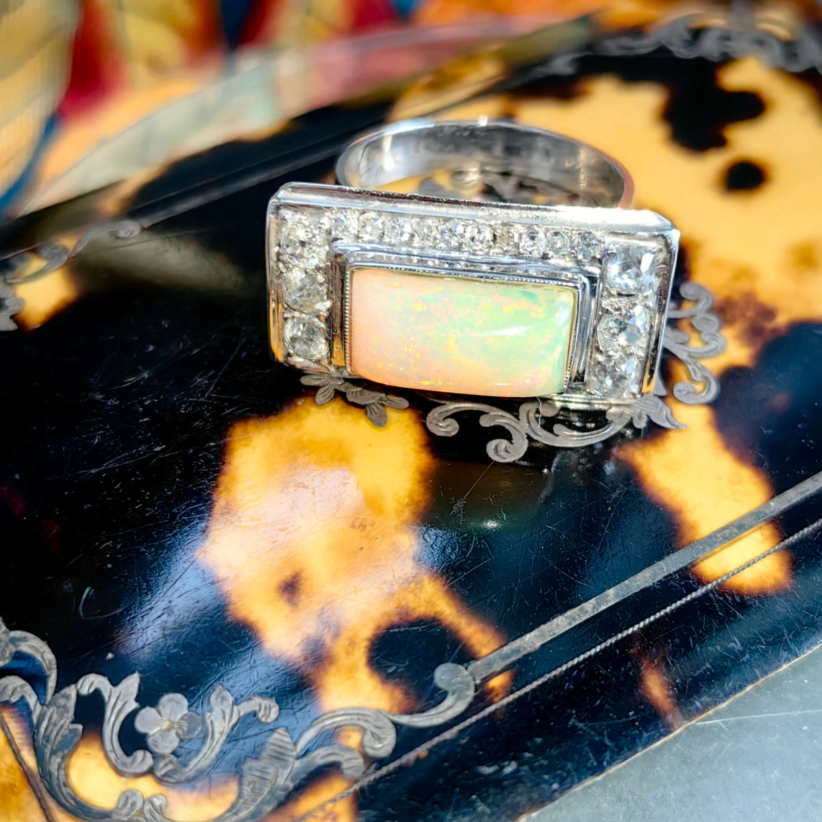 Art Deco Antique Vintage Diamond and Opal 14k White Gold Statement Ring