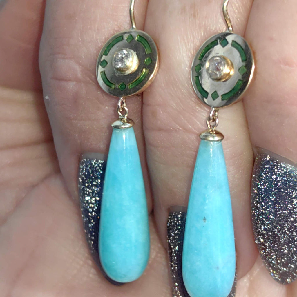 Antique 1900s Art Nouveau Amazonite  and Diamond Solid 14K Yellow Gold Green Enamel Dangle Drop Statement Earrings Elegant Gift for Her