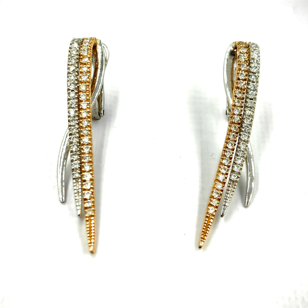 Diamond and 18k Hallmarked Yellow and White Gold Long Elegant Stud Earrings