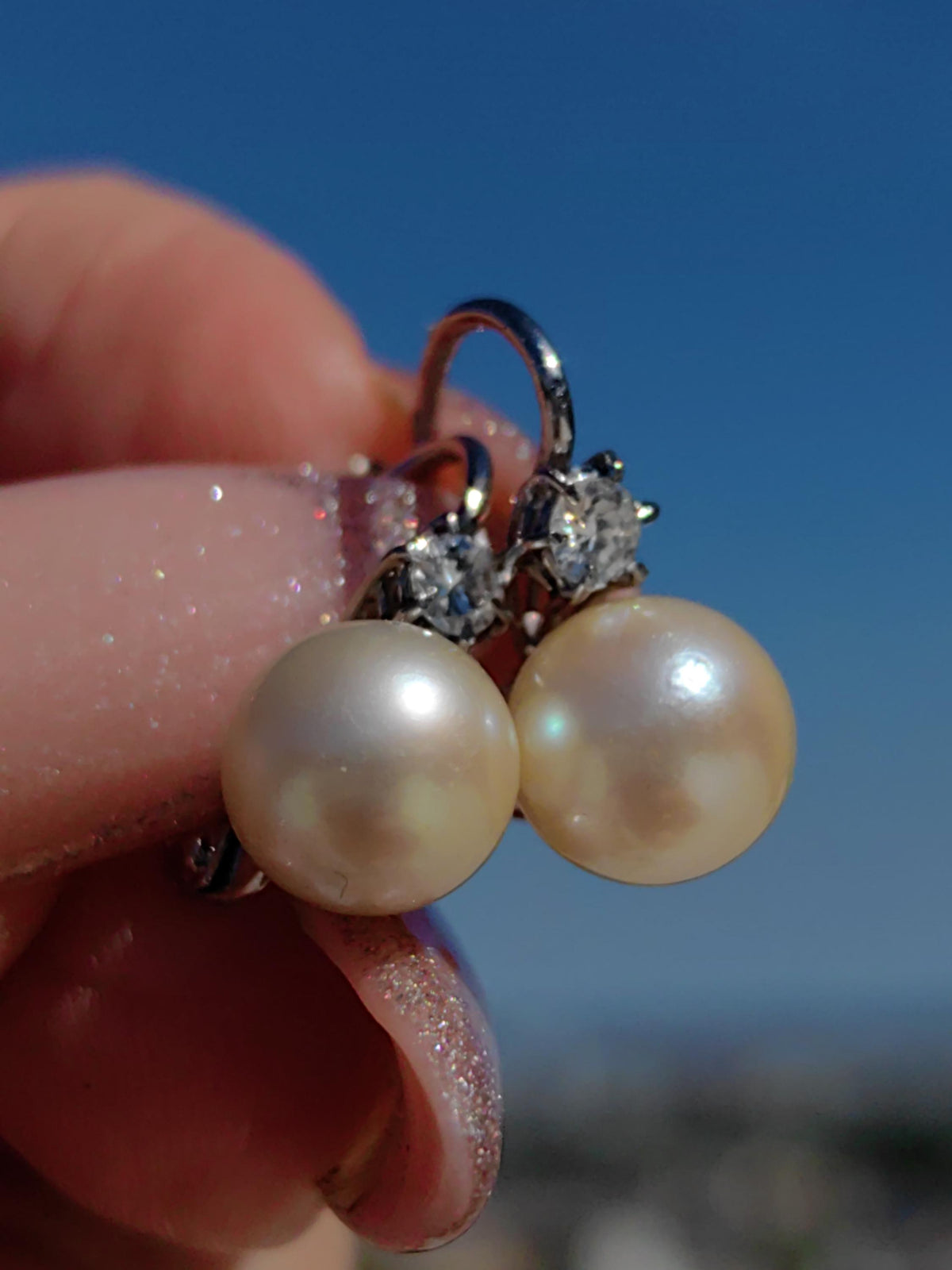 Diamond  Pearl 18k Solid White Gold Mid Century 1950s Antique Vintage Sleepers Lever Back Closure Elegant Earrings Gift for her