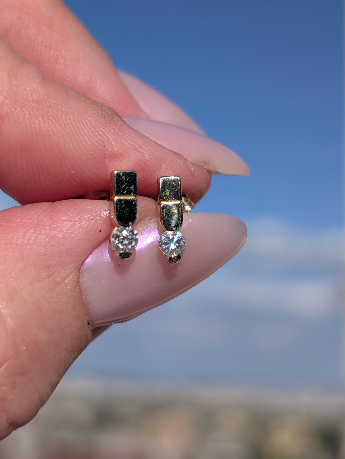 Diamond 14k Solid Yellow Gold Hallmarked Elegant Stud Earrings Geometric Minimalist Vintage Push Back Closure Earrings