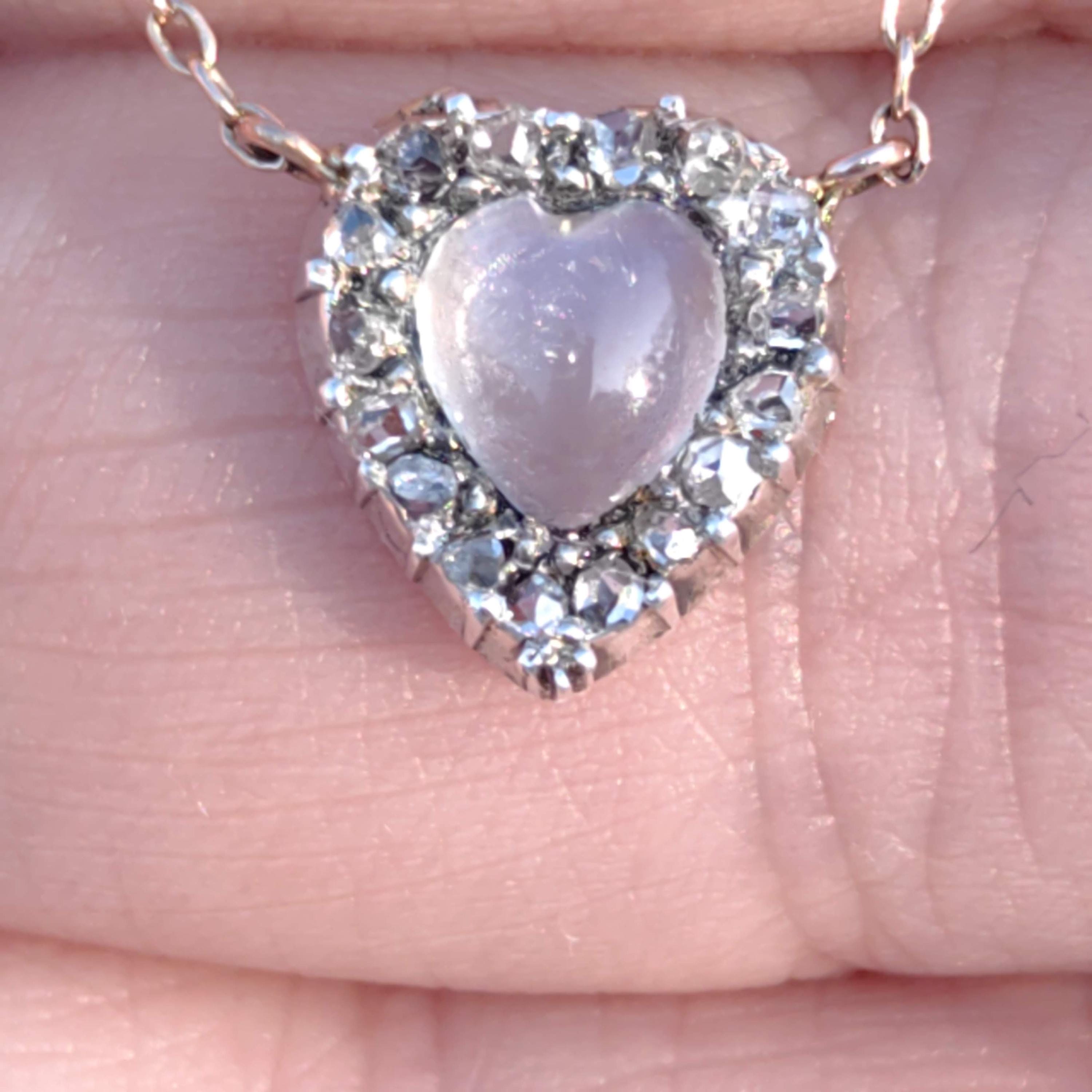 Victorian Diamond Moonstone Heart Pendant 14k Solid Yellow Gold with Chain Vintage Dainty wedding Elegant Love Jewelry Valentines Gift