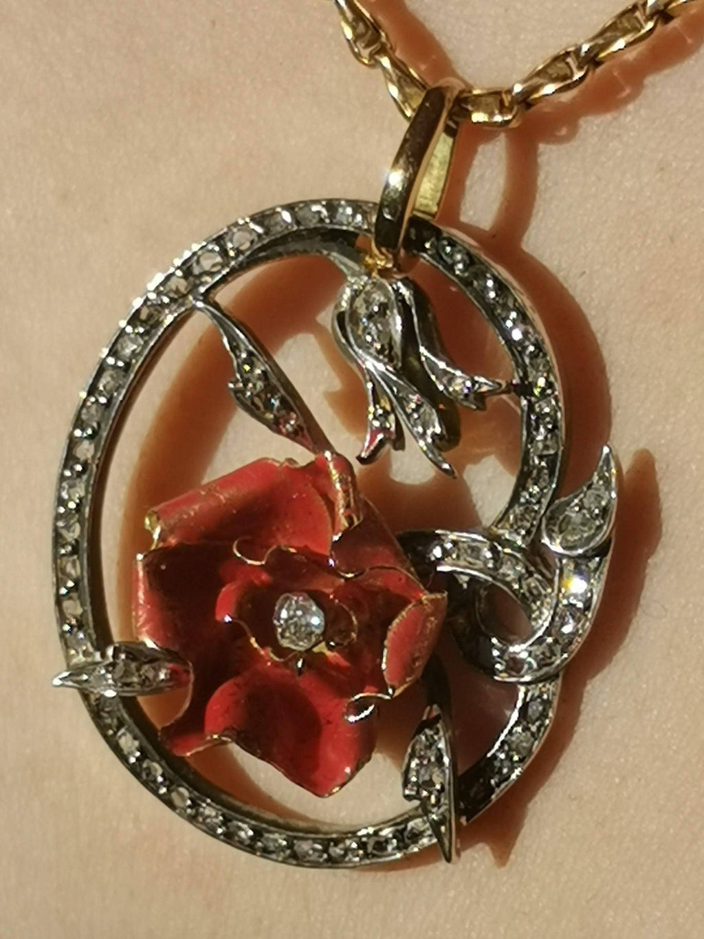 Antique Gold Poppy Flower Pendant Rose Cut Diamonds Red Hand Painted Enamel Art Nouveau Floral Vintage Charm