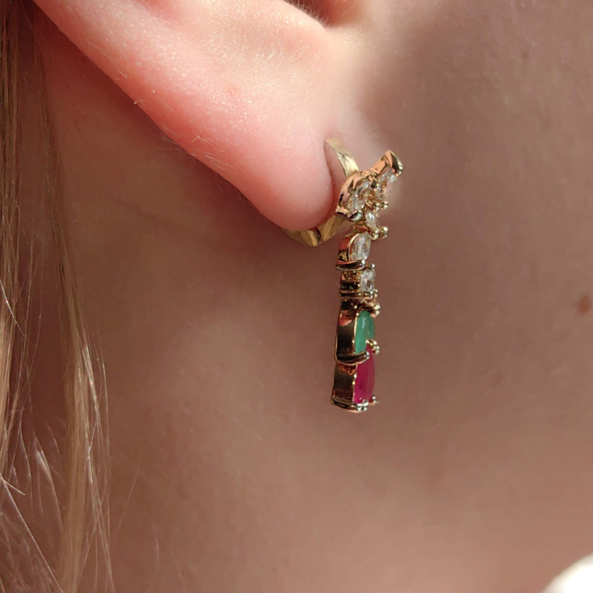 9k Gold Floral Dangle Earrings: Ruby, Emerald & Cubic Zirconia