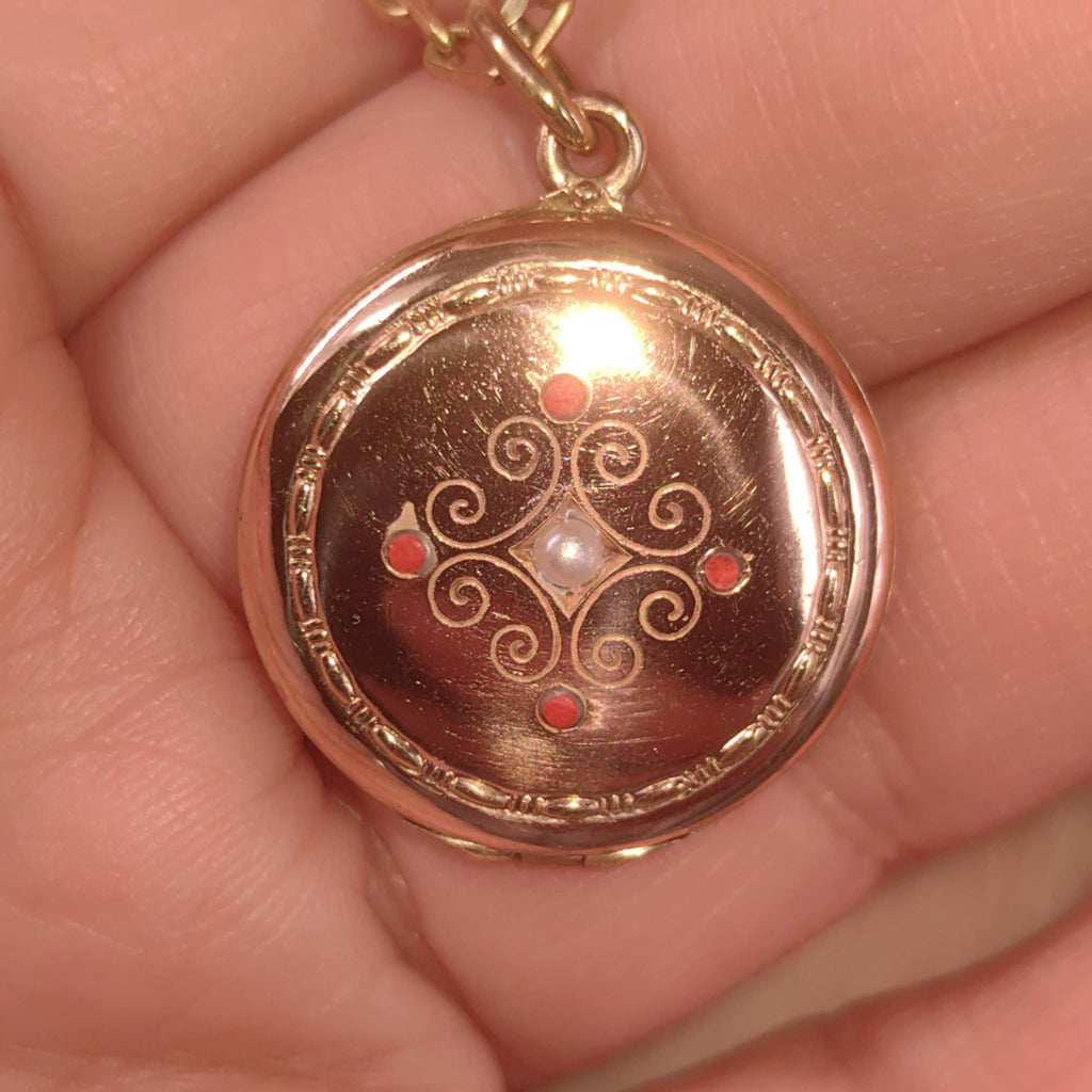Art Nouveau 1900s Gold Plated Silver Natural Coral & Pearl Pendant Locket Necklace Pendant Picture Holder Gift present for Her Hand Chiseled
