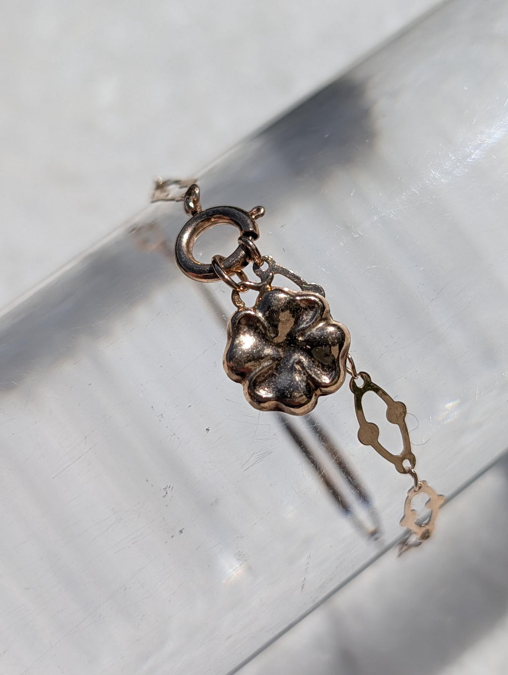 Art Nouveau Link Bracelet 14k Yellow Rose Gold Antique 1900s Four Leaf Clover Charm Bracelet Dainty Lucky Jewelry Gift HTS 9706 US duty free