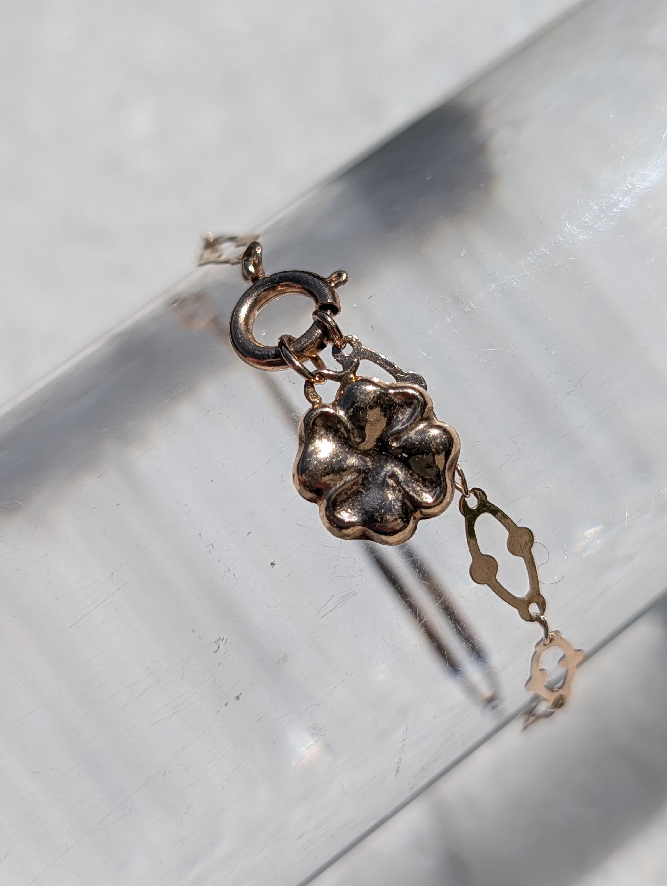 Art Nouveau Link Bracelet 14k Yellow Rose Gold Antique 1900s Four Leaf Clover Charm Bracelet Dainty Lucky Jewelry Gift HTS 9706 US duty free