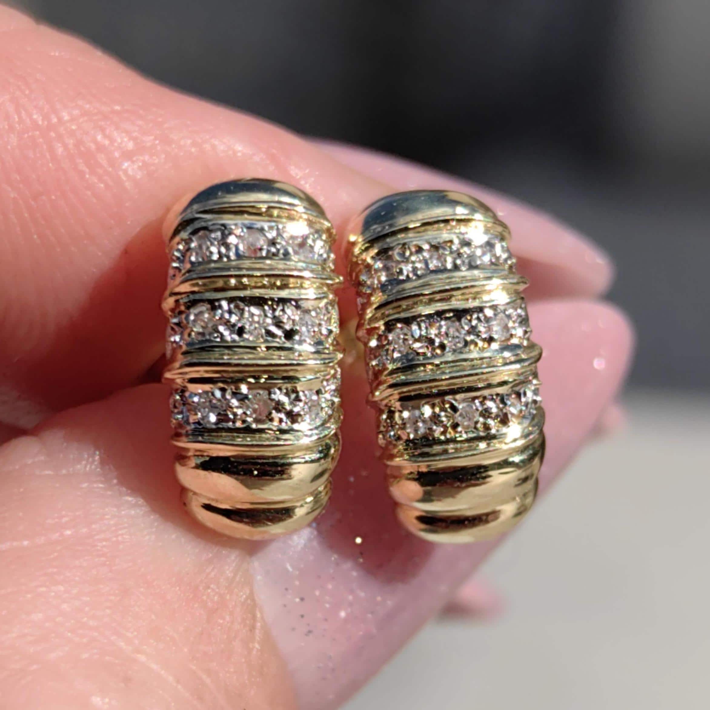 Vintage 14k Yellow Gold Diamond Half Hoop Earrings – Geometric Cluster Fine Jewelry