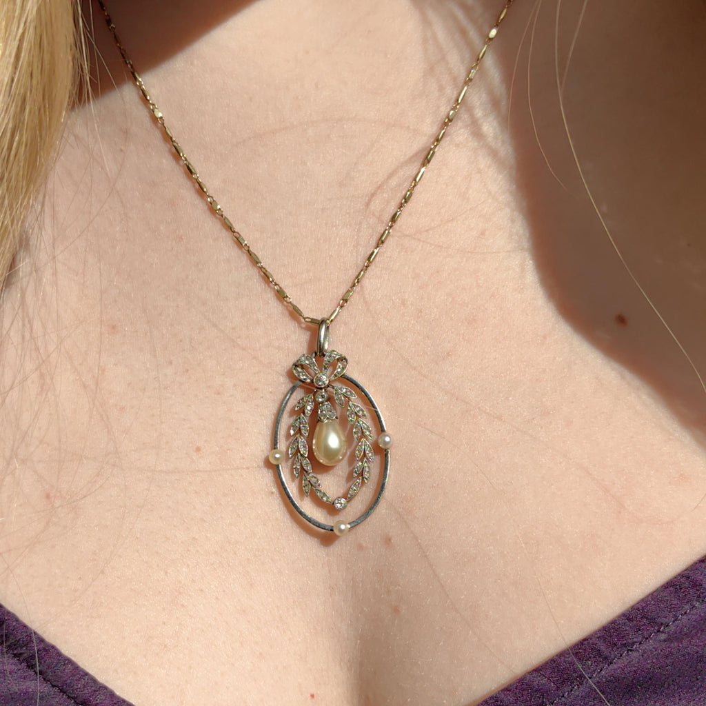 Art Nouveau Diamond Pearl Pendant: 18k Gold Platinum Edwardian Jewelry