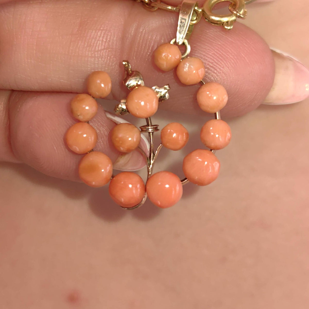 Vintage 14K Solid yellow Rose Gold Floral Statement Pendant with Mediterranean Red Coral Gift for Her Present