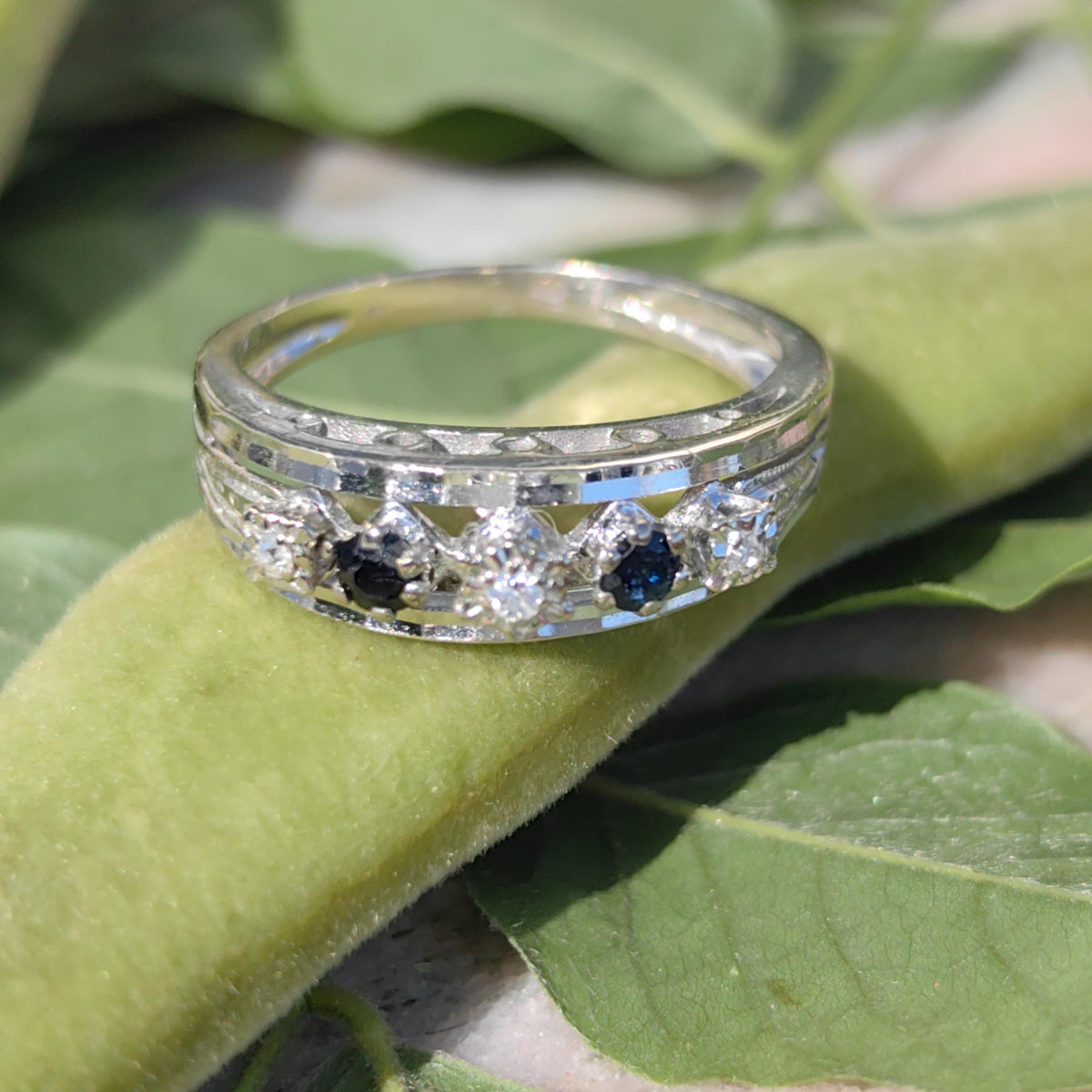 Natural Sapphire Diamond 14k 585 Hallmarked Solid White Gold Engagement Ring, Vintage Antique 1960s Elegant Ring Gift for Her