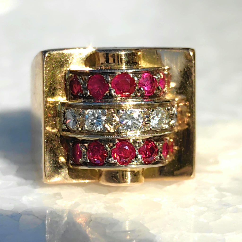 French Art Deco 18k Gold Tank Chevalier Ring: natural Ruby, Diamond Statement Jewelry 1920s luxurious stylish gift, Unisex original antique