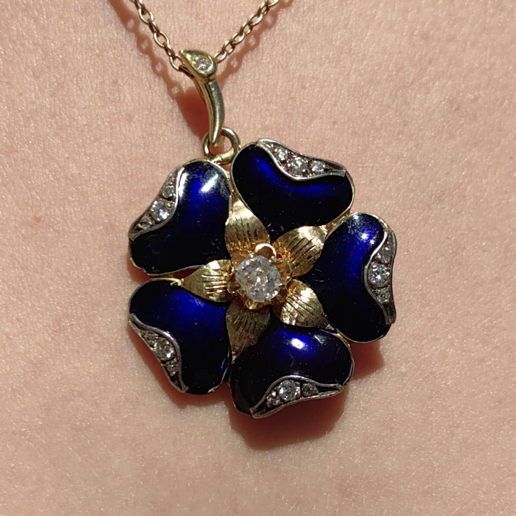 Victorian 1880s Natural Diamond & Blue Hand Painted Enamel Floral Flower Pendant 14k Solid Yellow Gold, Antique Vintage Charm