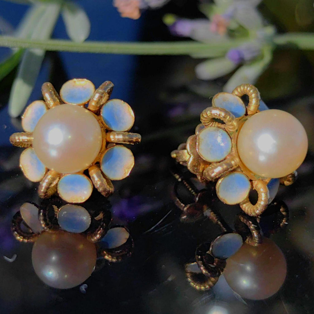 Victorian 18k Gold Pearl Earrings: Enamel Flower Studs