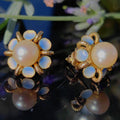 Victorian 18k Gold Pearl Earrings: Enamel Flower Studs