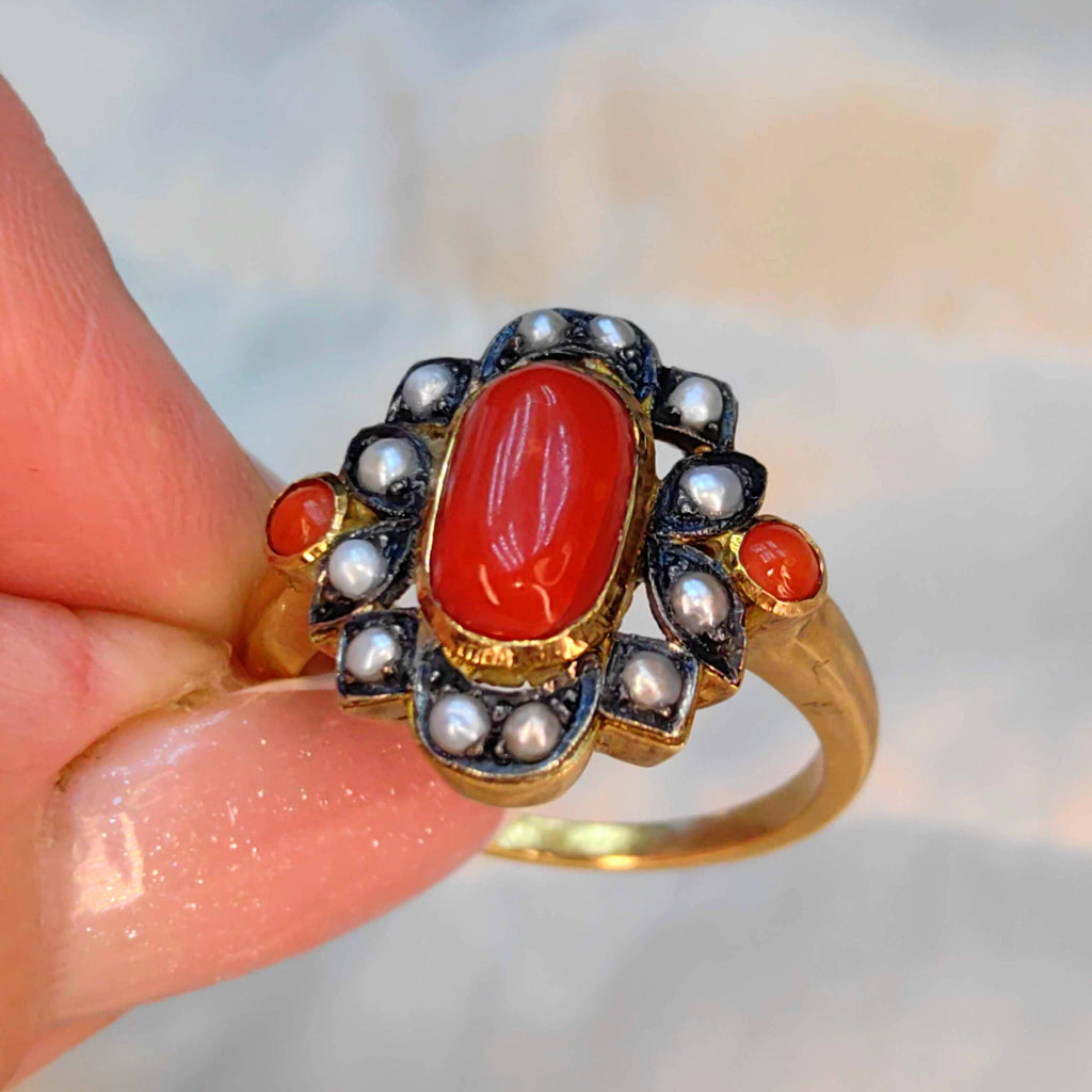 Art Deco 18k Solid Yellow Gold Bright Red Coral Gray Dainty Pearl Statement Ring Retro 1940s Geometric Ring Gift Present