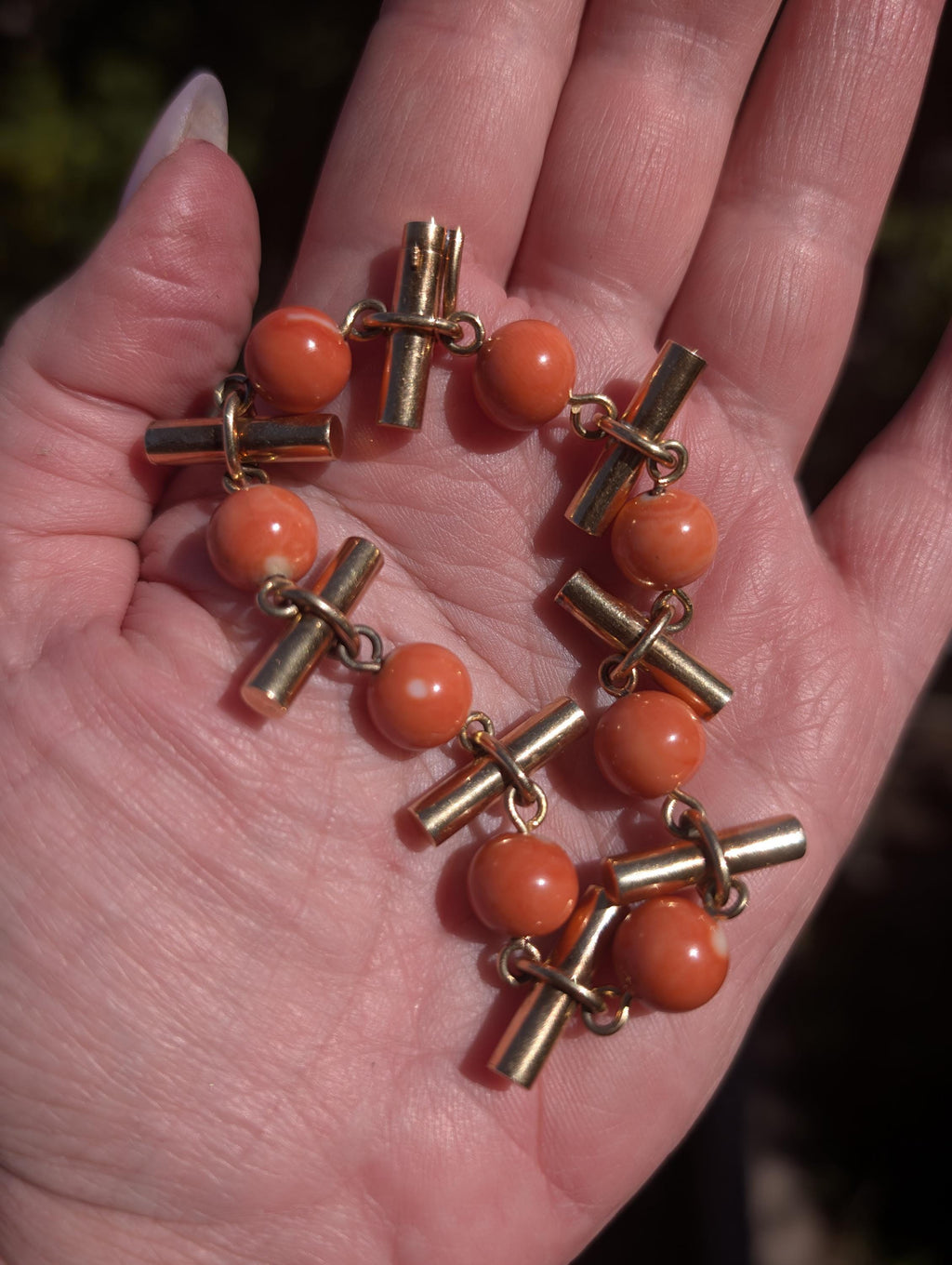 Antique 18kt Champagne Gold Natural Coral Bracelet, Hungarian Import Hallmarked Chain, Red Orange Mediterranean Coral Chic Boho Gift Her Him