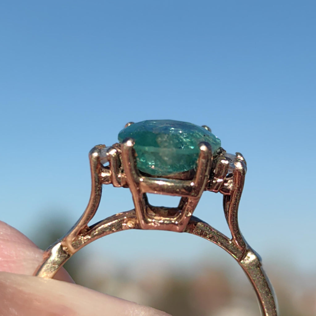 Vintage Mid Century Green Natural Emerald Oval Diamond Solid 14k Yellow Gold Antique Engagement Ring Dainty Stackable Band Gift for Her