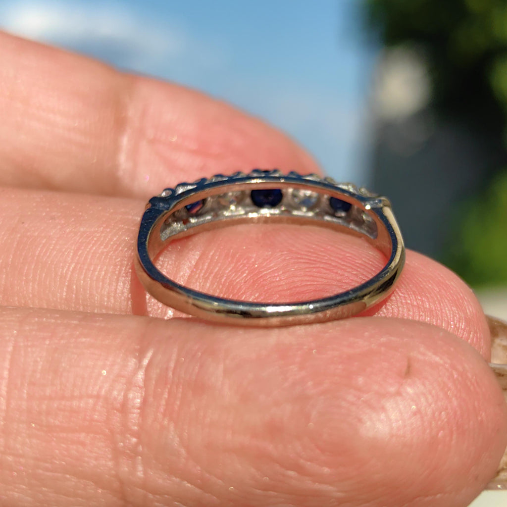 Vintage Sapphire Diamond Band: 18k White Gold Engagement Ring, 1940s