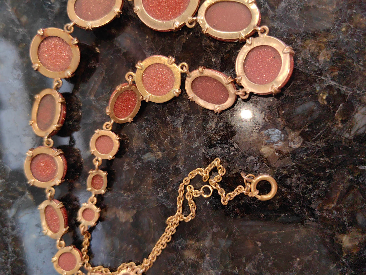 Victorian Goldstone Necklace: 19K Solid Yellow Gold, Antique 1870s