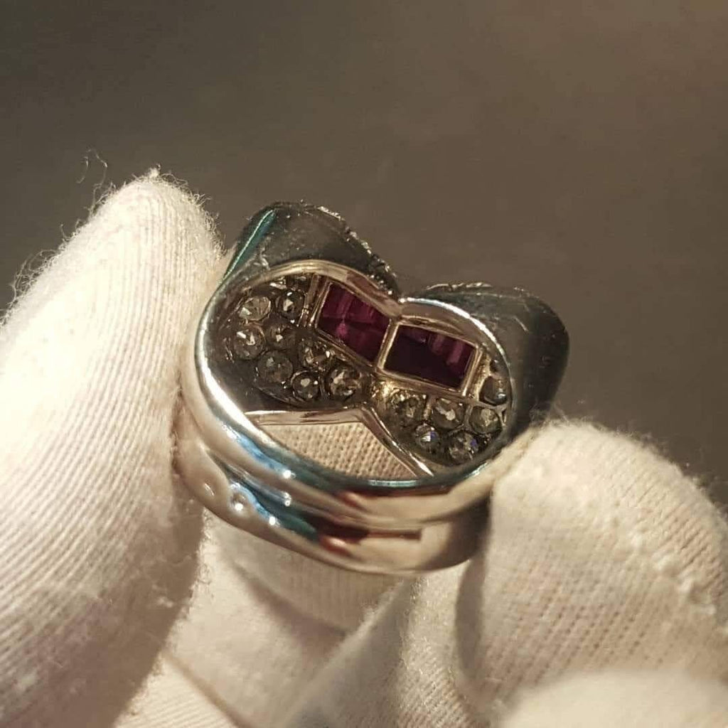 Art Deco Platinum Ruby Diamond Ring: 1930s Vintage Cocktail Ring