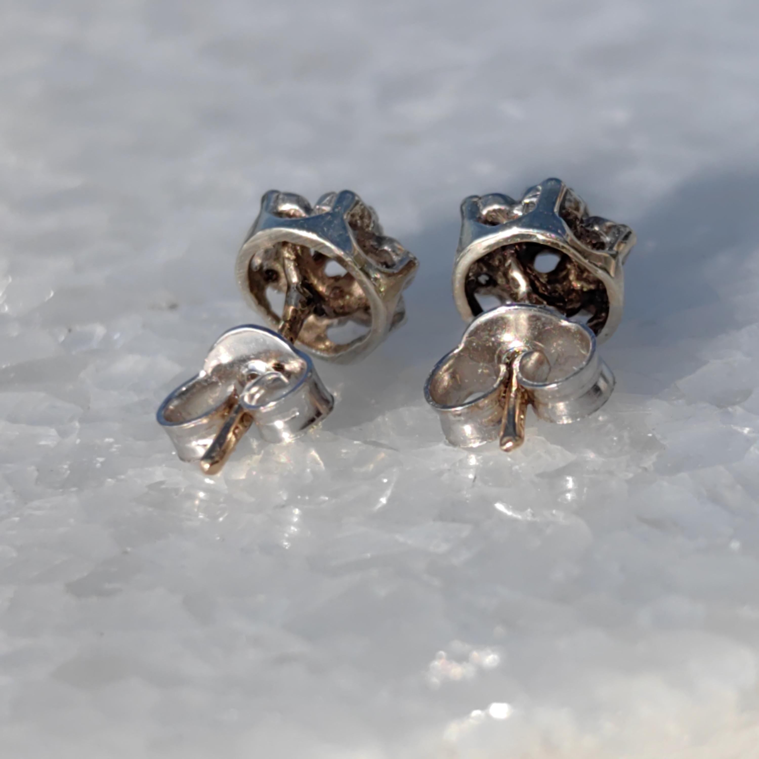 Art Deco 14k Gold Diamond Floral Stud Earrings: 1940s Vintage Engagement