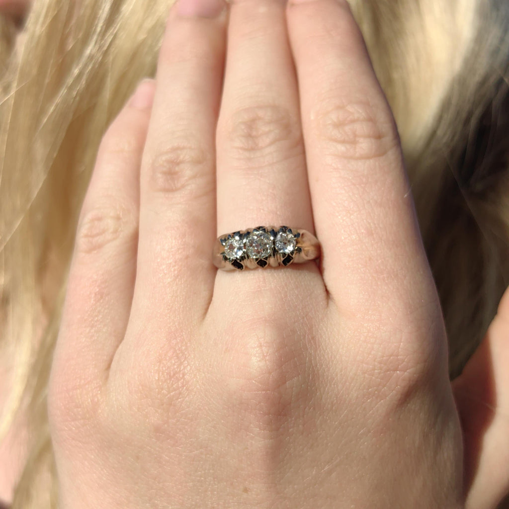 Diamond 18K Solid White Gold Vintage 1930s Art Deco Engagement Three Stone Setting Diamond Engagement Band Ring, Thick Statement Ring