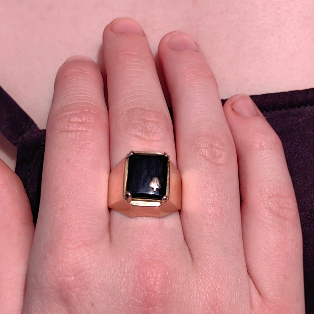 Art Deco 14k Gold Onyx Ring: Vintage Spade Statement Ring