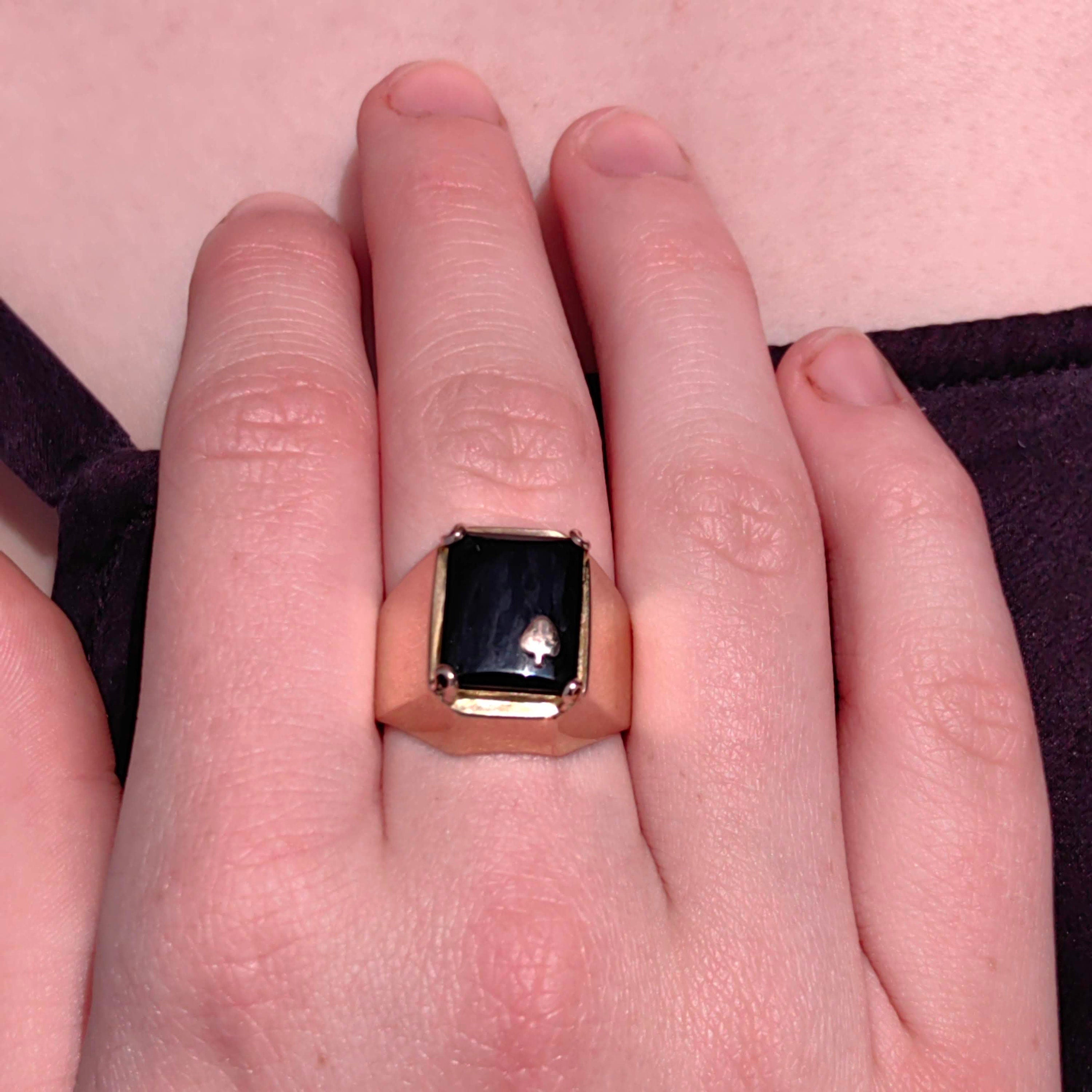 Art Deco 14k Gold Onyx Ring: Vintage Spade Statement Ring