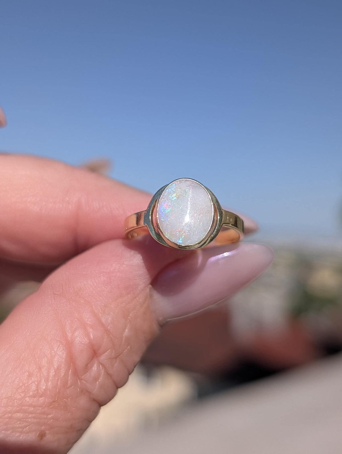 Vintage 1980s Natural White Opal Ring 14k Solid Yellow Gold Hungarian Hallmarked Oval Cabochon Fine Jewelry Gift for Her