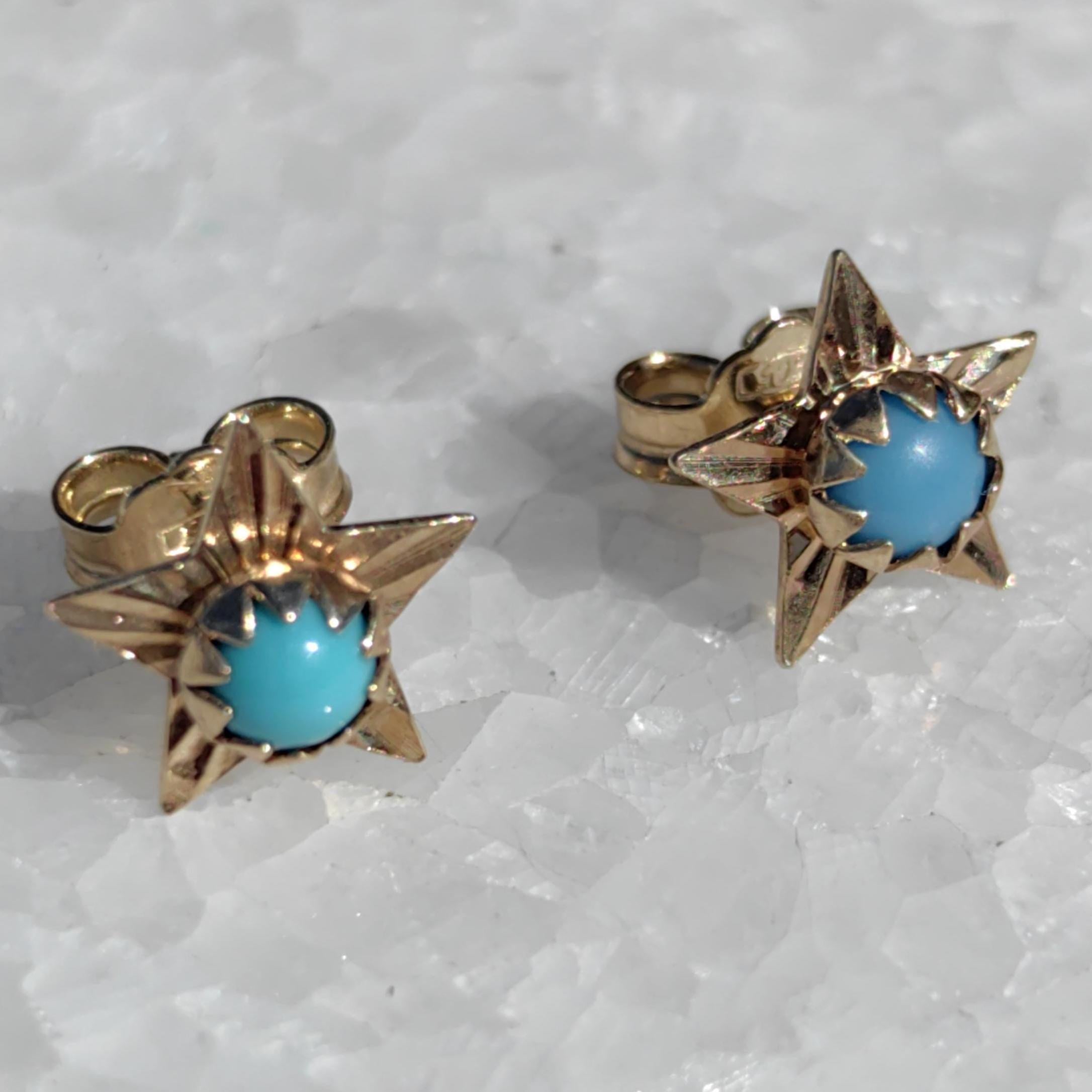Vintage 14k Gold Turquoise Star Earrings: Mid Century Dainty Dormeuses
